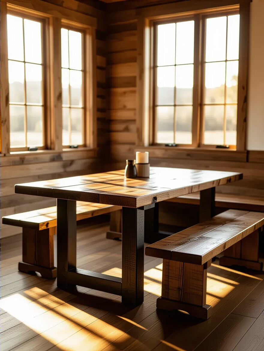 Rustic dining room with a durable wooden bench and long table.