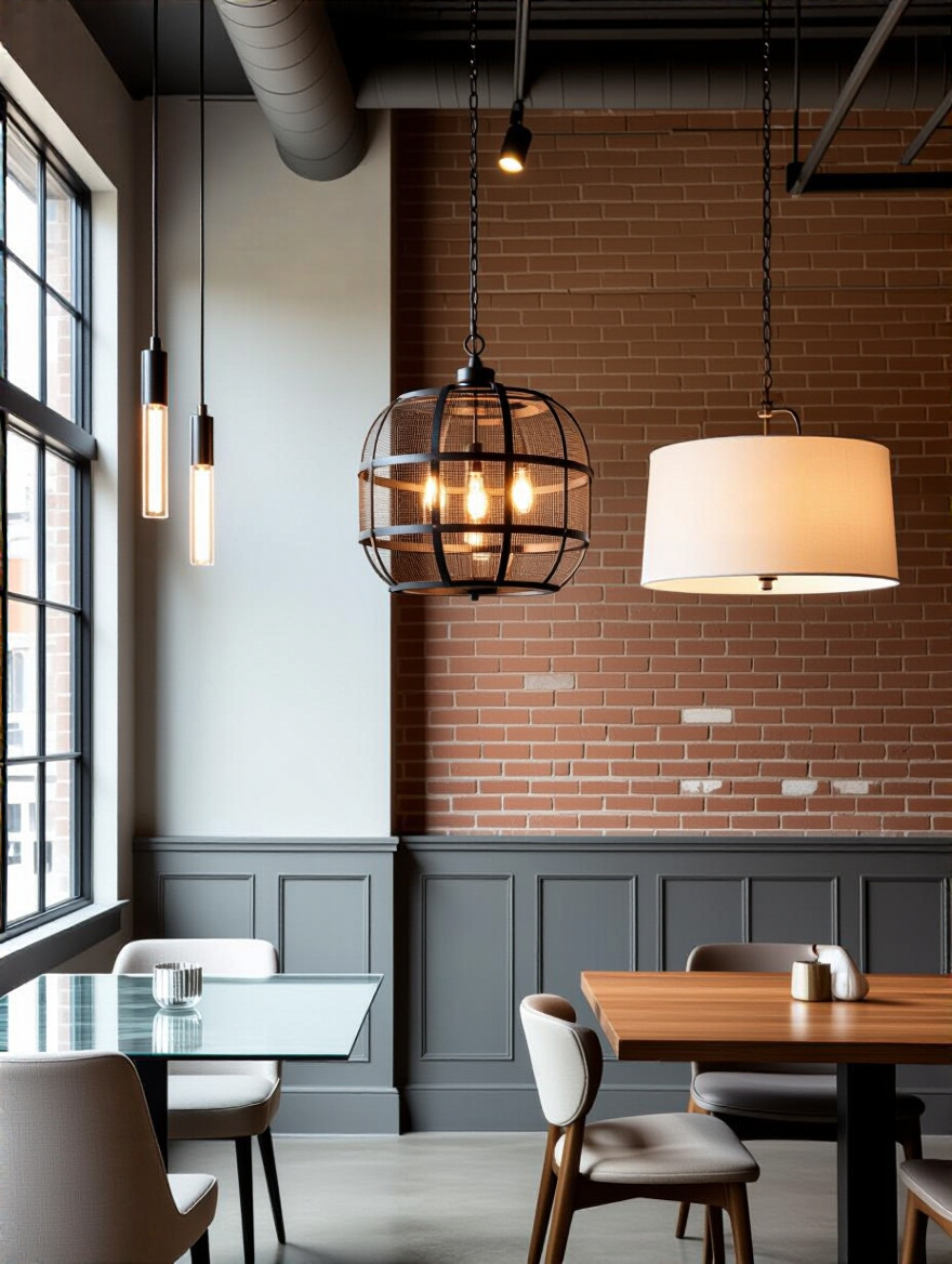 Portrait image of a contemporary dining room showcasing minimalist, industrial, and transitional lighting styles side-by-side, no people