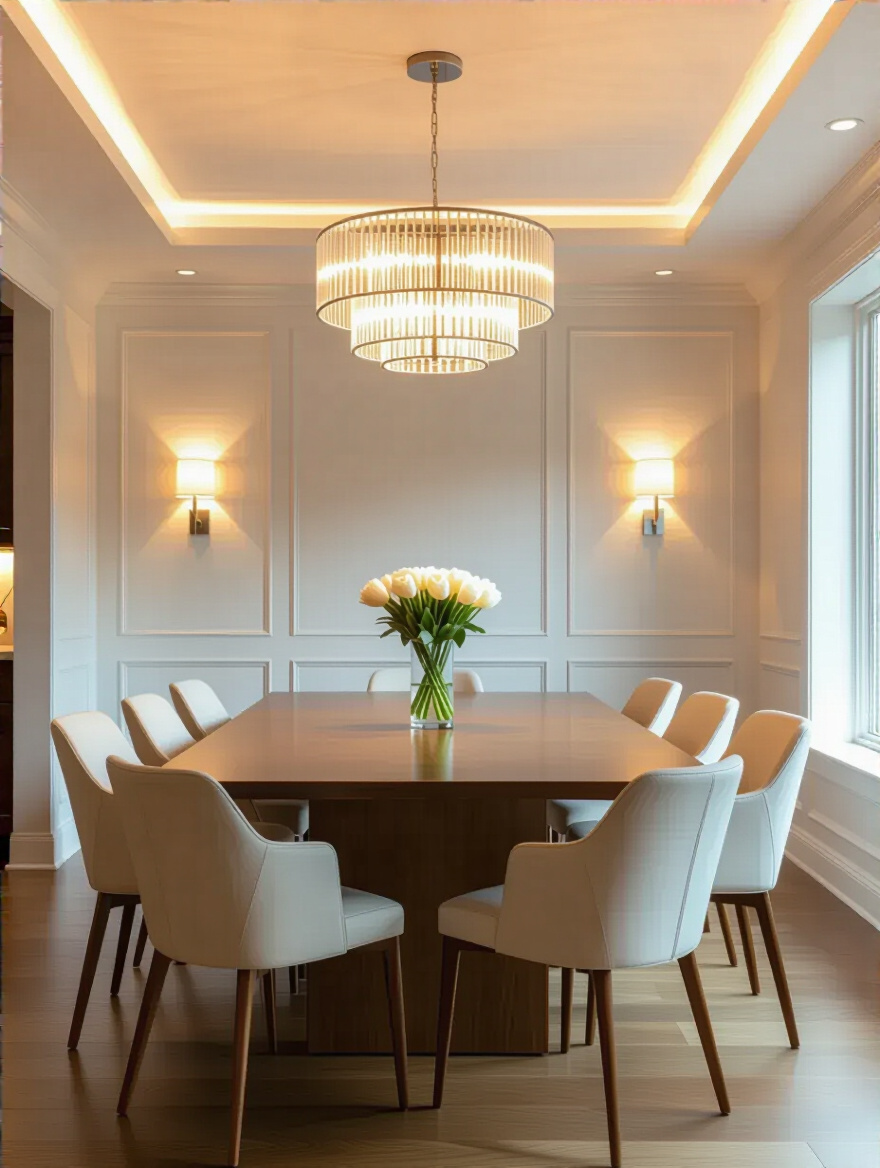 Contemporary dining room with layered dimmable lighting showing ideal brightness levels for functionality