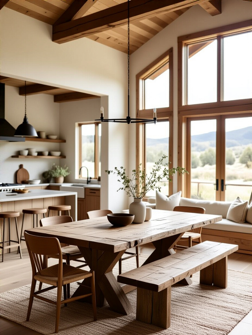 Rustic dining room with open-concept layout featuring natural light and warm textures.