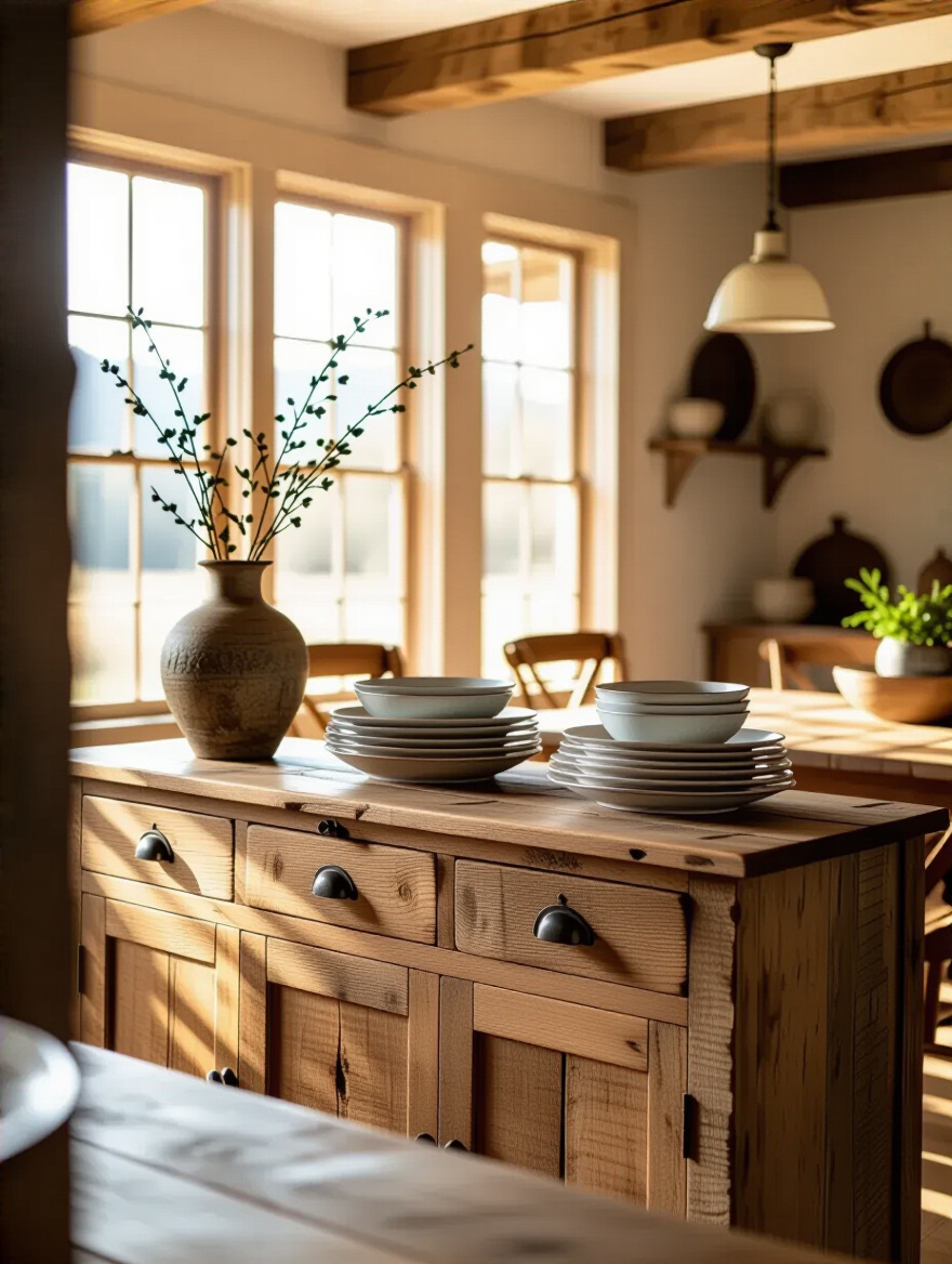 Rustic sideboard in a cozy dining room setting with vintage dishes.