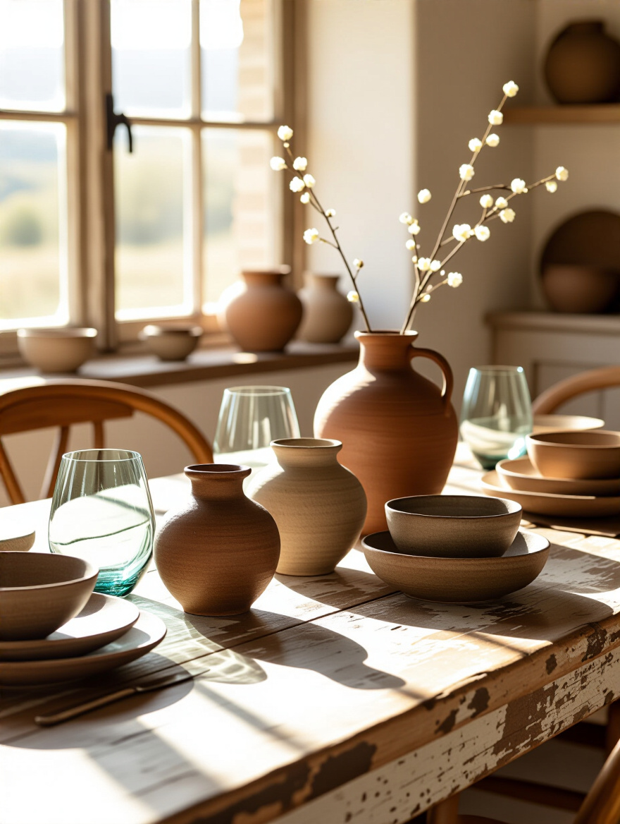 Artisanal pottery and hand-blown glassware displayed beautifully on a rustic dining table.