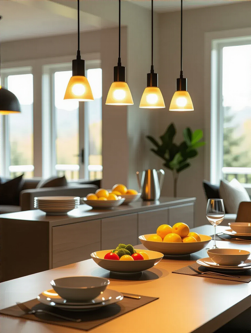 Contemporary dining room sideboard illuminated by focused task lighting with mini-pendant fixtures showcasing food presentation