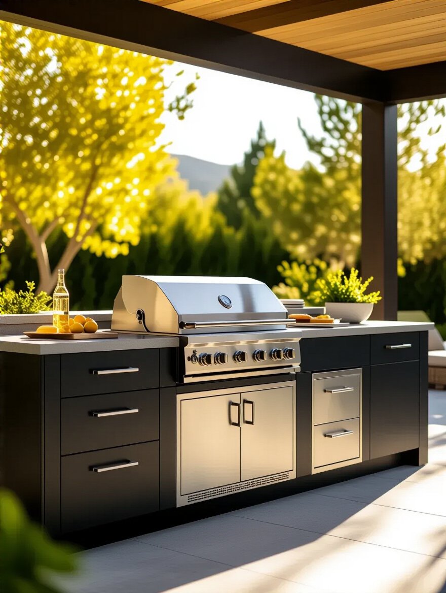 High-quality outdoor kitchen cabinets made of weather-resistant materials under natural daylight, showcasing a realistic budget investment