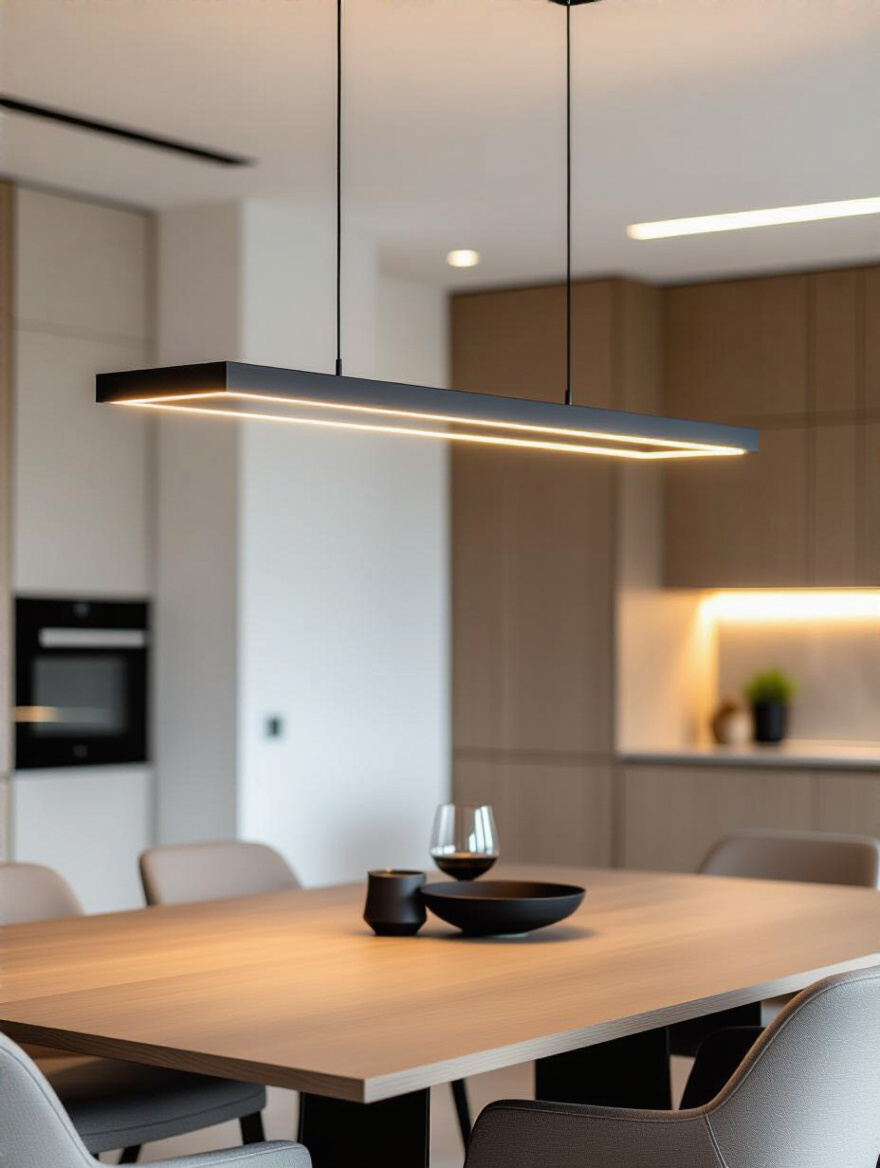 Modern dining room with sleek linear chandelier providing uniform illumination over rectangular dining table
