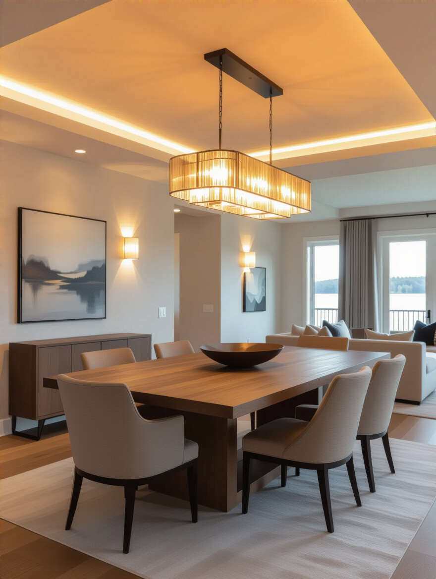 Contemporary dining room with layered lighting creating dynamic room depth featuring ambient, task, and accent lights