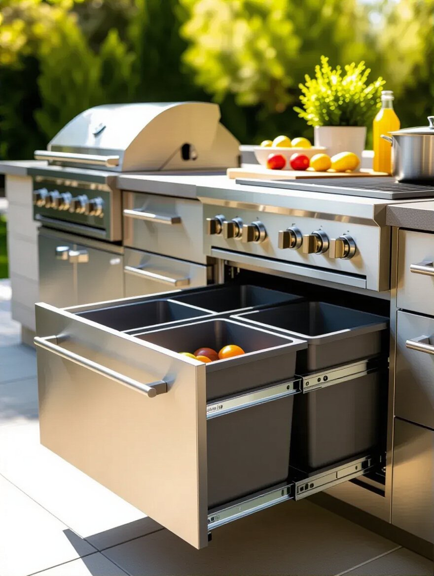Portrait image of an outdoor kitchen featuring dedicated pull-out waste and recycling bins integrated into weather-resistant cabinetry