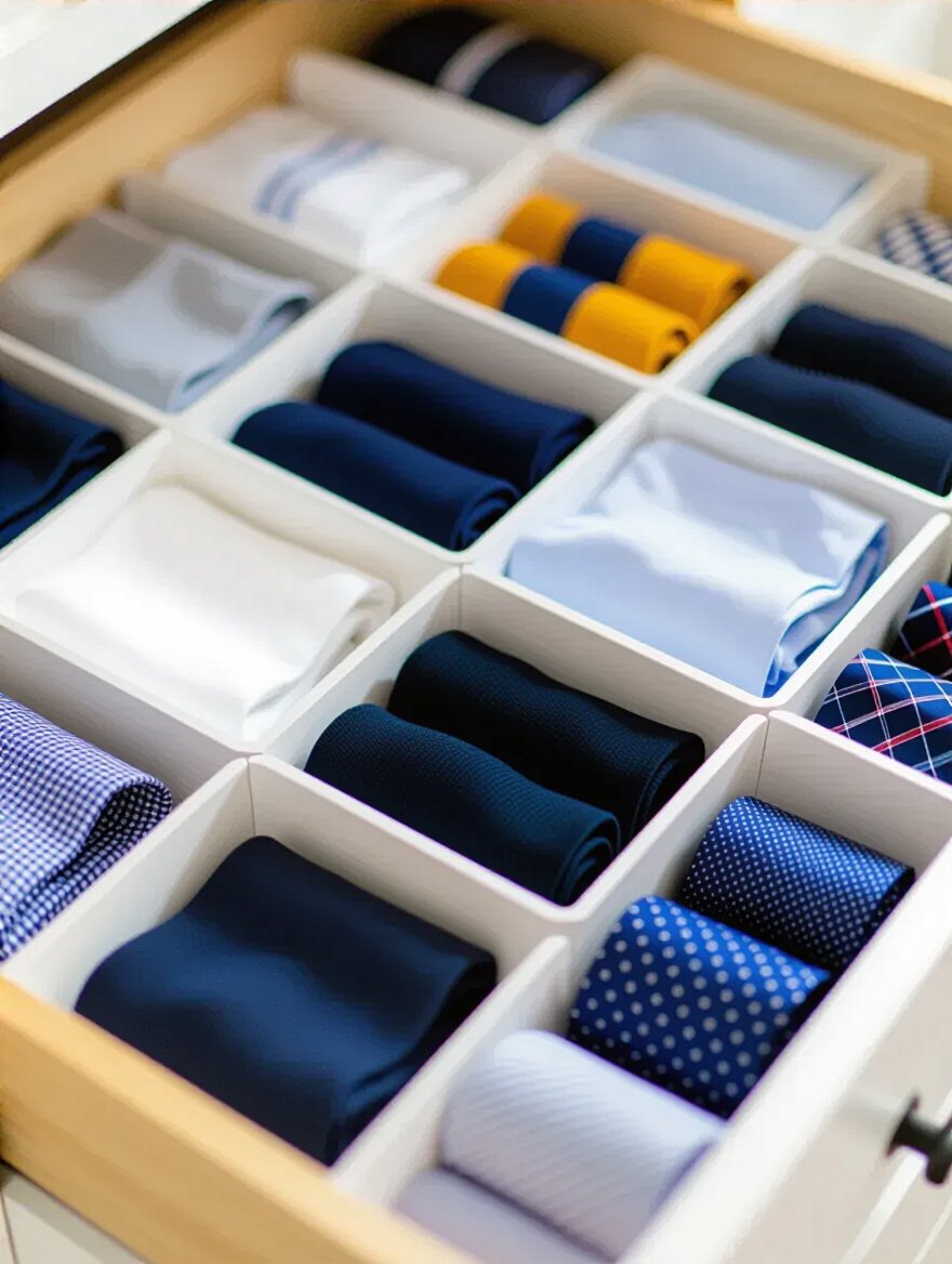Organized drawer with dividers separating socks, underwear, and ties.
