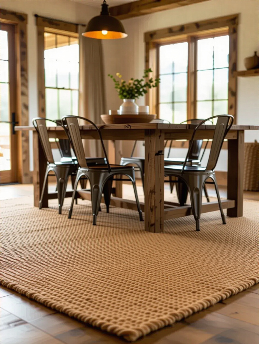 Rustic dining room with natural fiber rug under wooden table and metal chairs