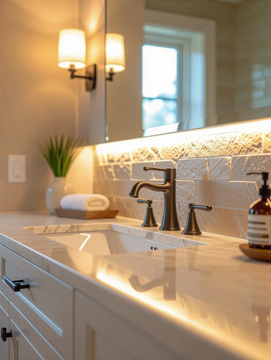 Elegant bathroom vanity with polished natural stone backsplash