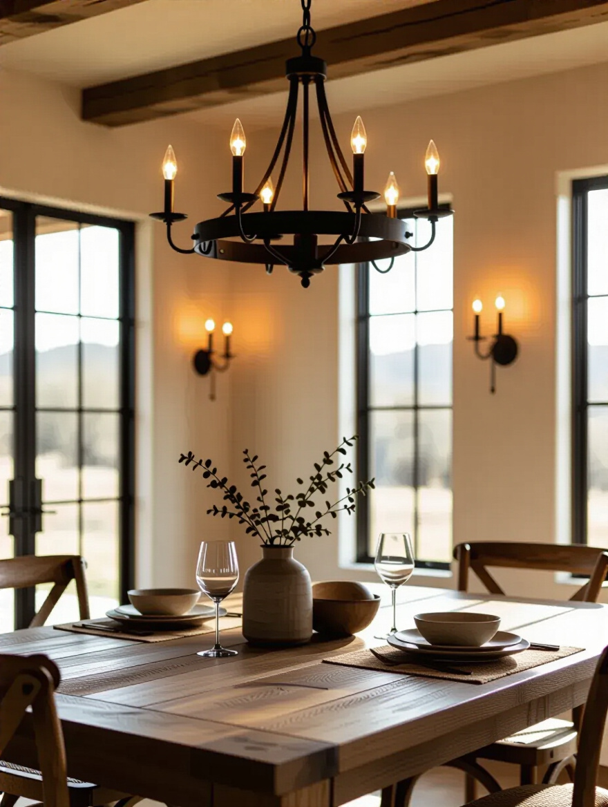 Rustic dining room with dimmer switches and warm lighting