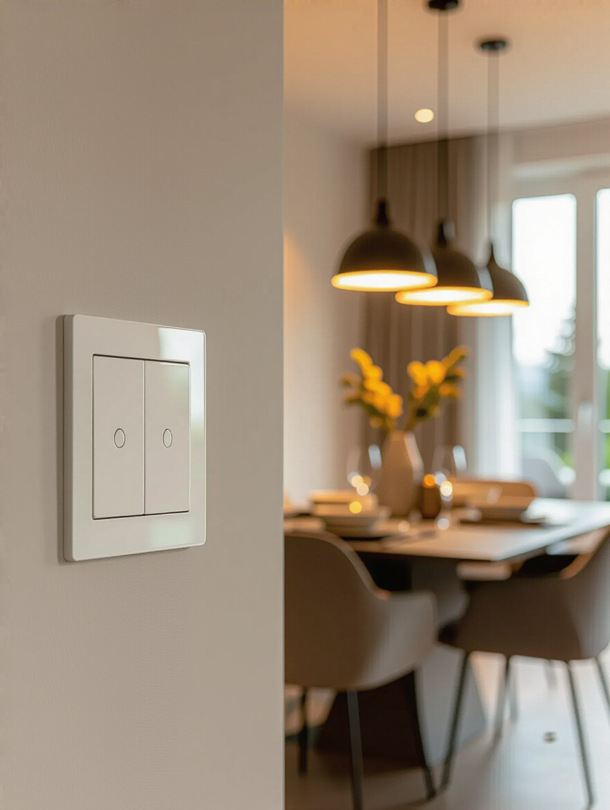 Dimmer switch installed on wall controlling warm contemporary dining room lighting ambiance