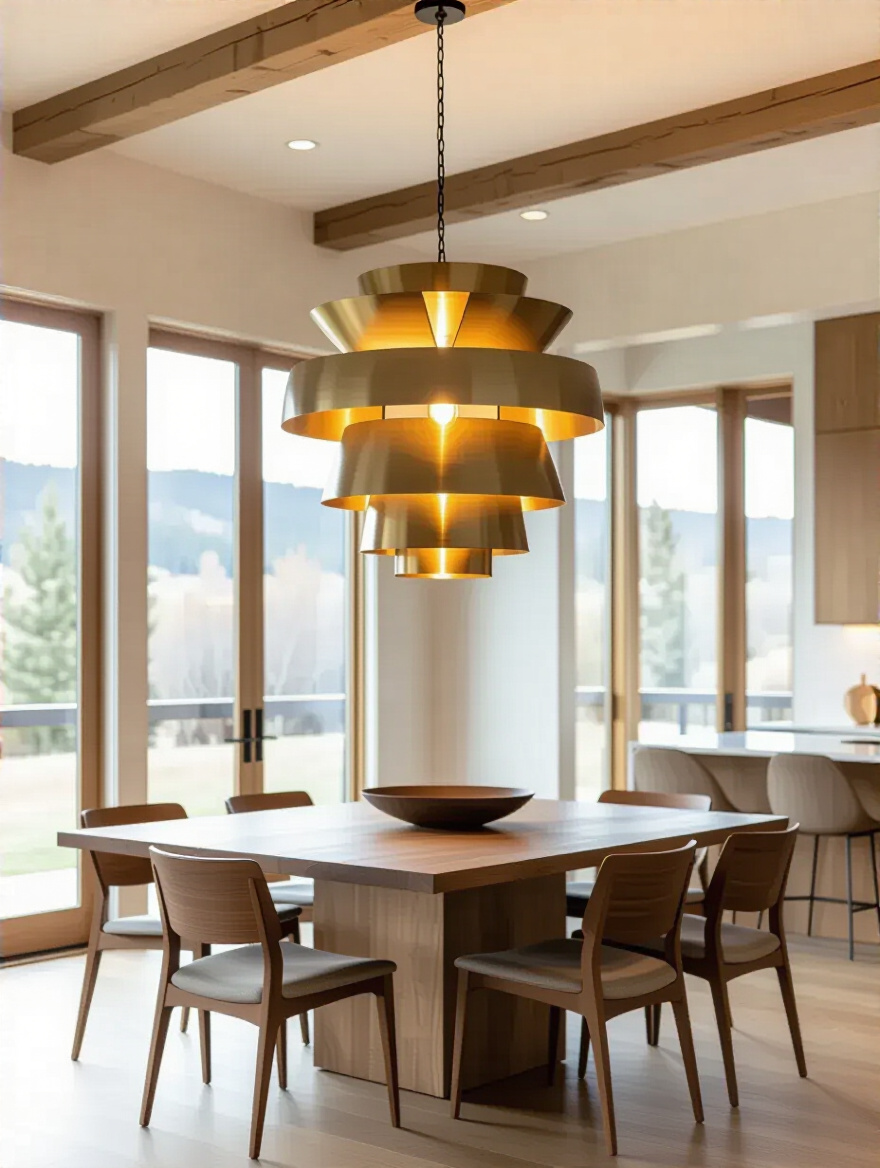 Contemporary dining room with a large sculptural pendant light hanging above a wooden dining table, creating an artful focal point