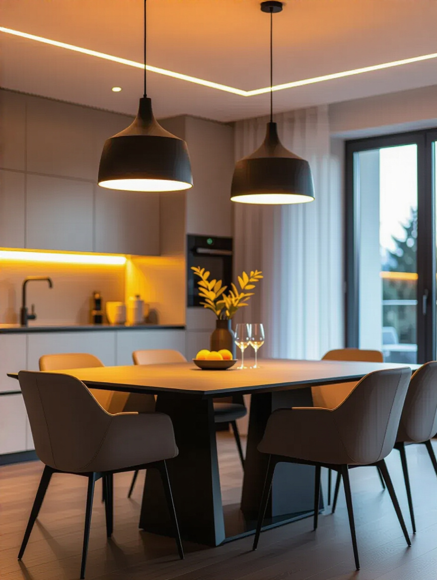 Contemporary dining room illuminated by smart lighting system with adjustable colors and brightness, no people