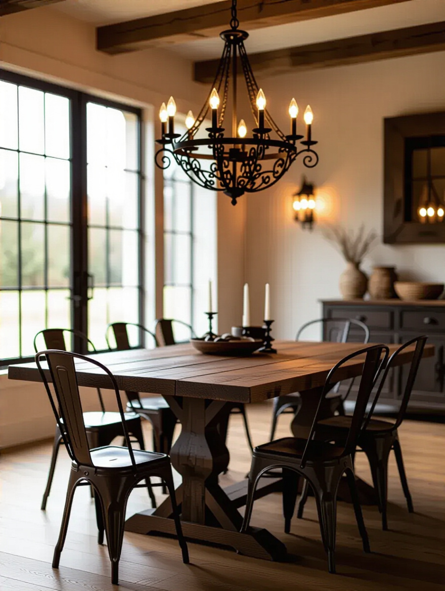 Rustic dining room with wrought iron and copper accents