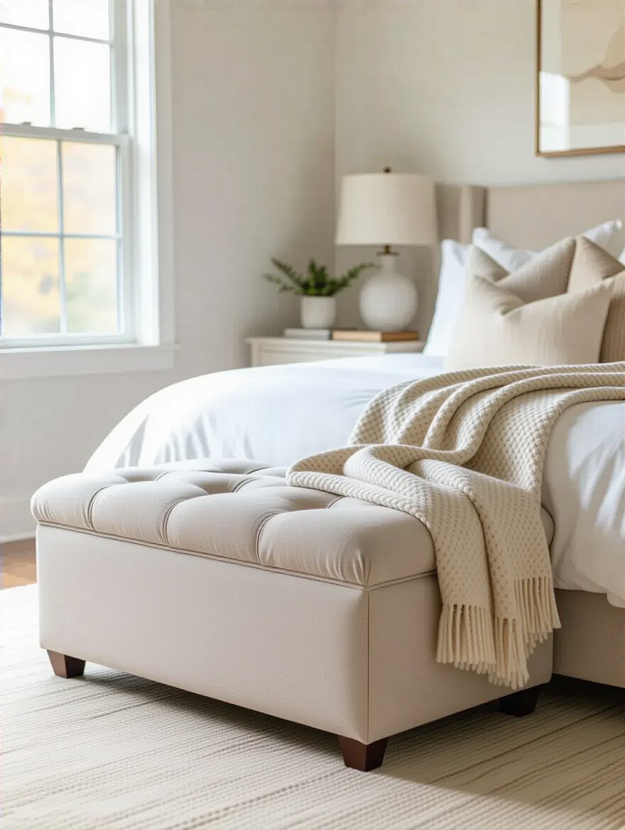 Storage ottoman in a styled bedroom, showcasing its dual function as seating and hidden storage.