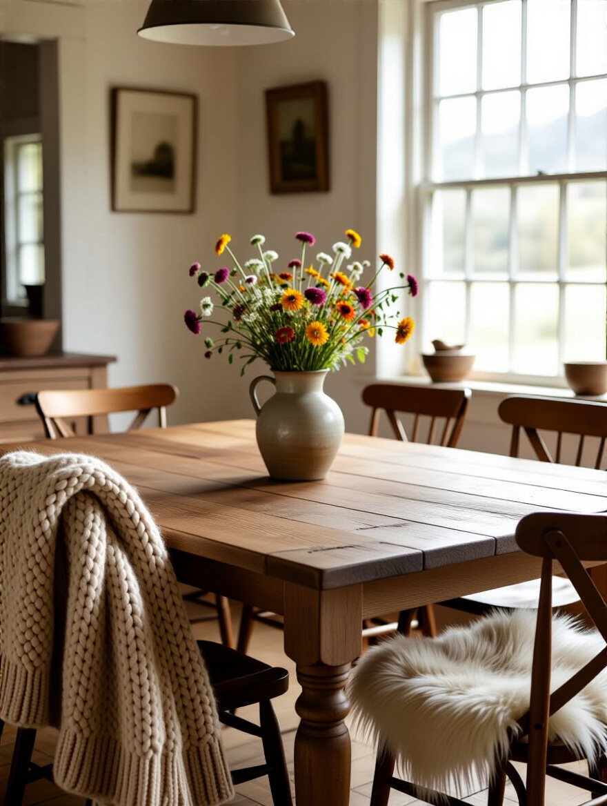 A rustic dining room with chunky knit and faux fur throws draped over chairs, creating a warm and inviting atmosphere.