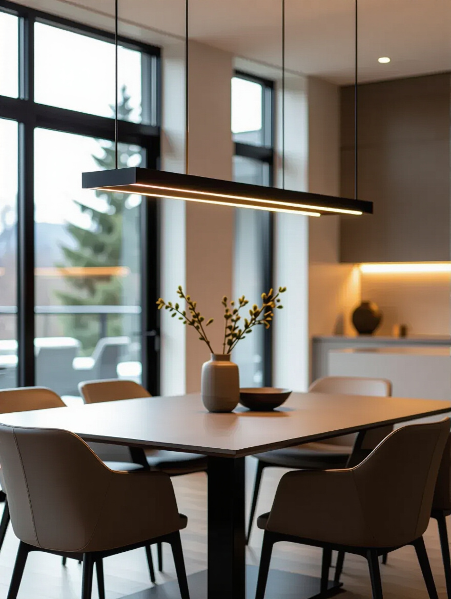 Contemporary dining room with a perfectly centered linear suspension light fixture over a rectangular dining table