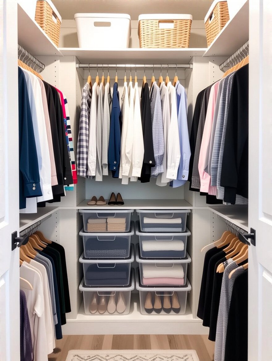 Organized closet with stackable bins and hanger systems