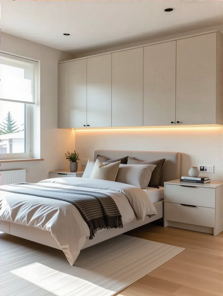 Modern bedroom with wall-hung cabinets and clear floor space