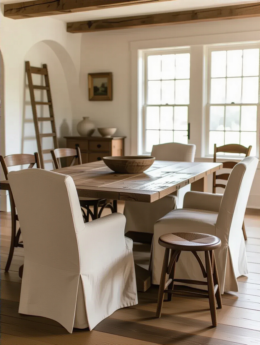 Rustic dining room with mismatched seating arrangements including various chair styles around a wood table.