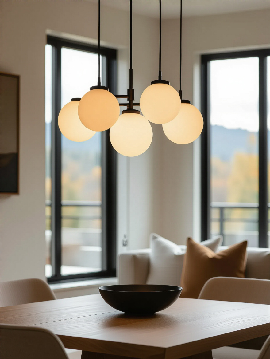 Contemporary dining room with mixed-material lighting fixture combining matte black metal and frosted glass, showcasing rich texture and interest.