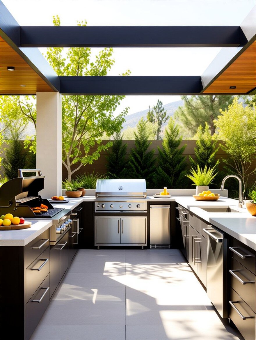 Optimized outdoor kitchen layout with grilling, sink, refrigerator, and cabinetry zones for seamless workflow, professional photo, no people