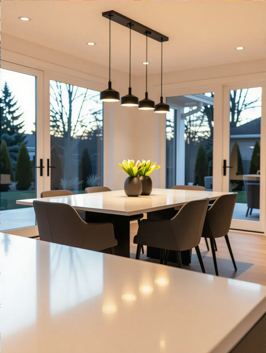 Contemporary dining room with rectangular table evenly illuminated by recessed ceiling lights providing glare-free task lighting