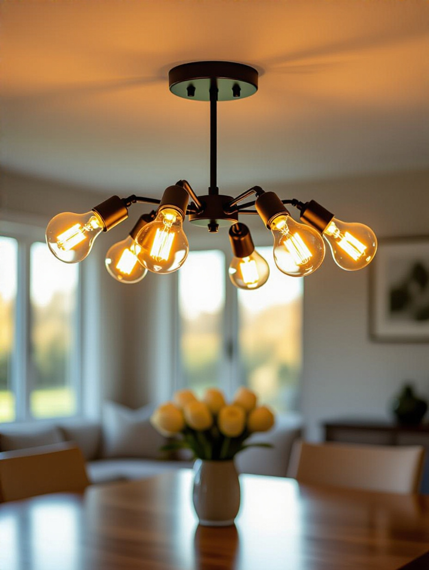 Contemporary dining room light fixture with energy-efficient LED bulbs glowing warmly in vintage-style sockets