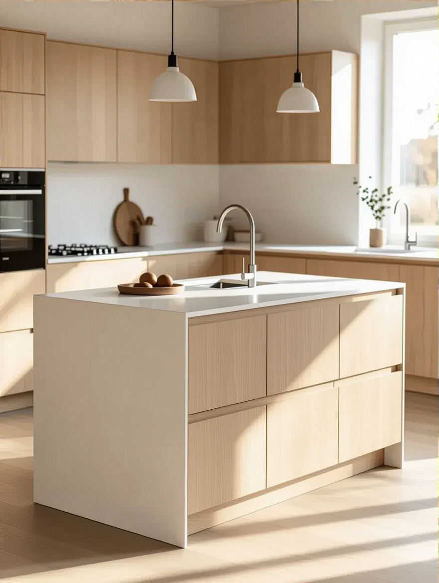 A minimalist Scandinavian kitchen featuring a streamlined island design with a white countertop and light wood cabinetry.