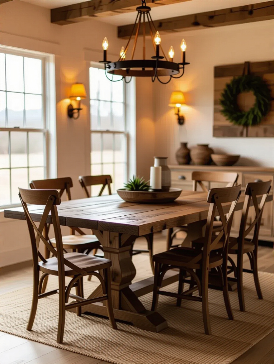 Rustic dining room featuring a robust farmhouse table as the centerpiece.