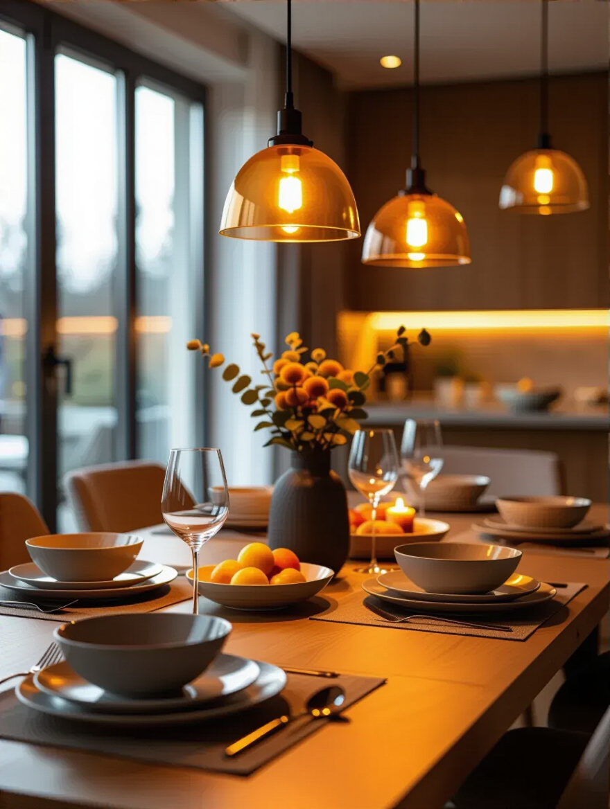 Contemporary dining room lit with warm amber pendant lights illustrating the importance of light temperature for ambiance
