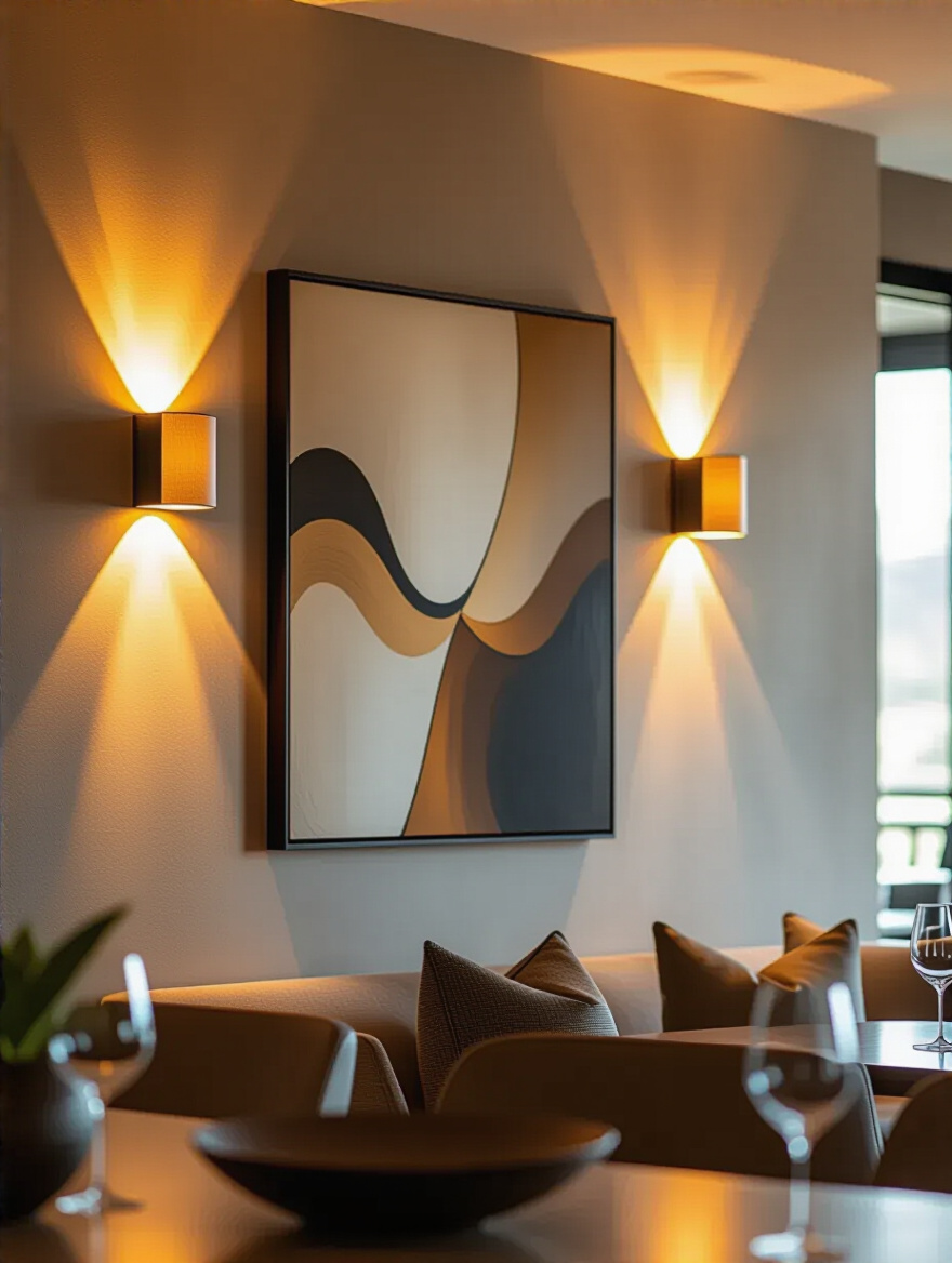 Contemporary dining room wall with elegant wall sconces casting ambient and artistic light on textured walls and artwork