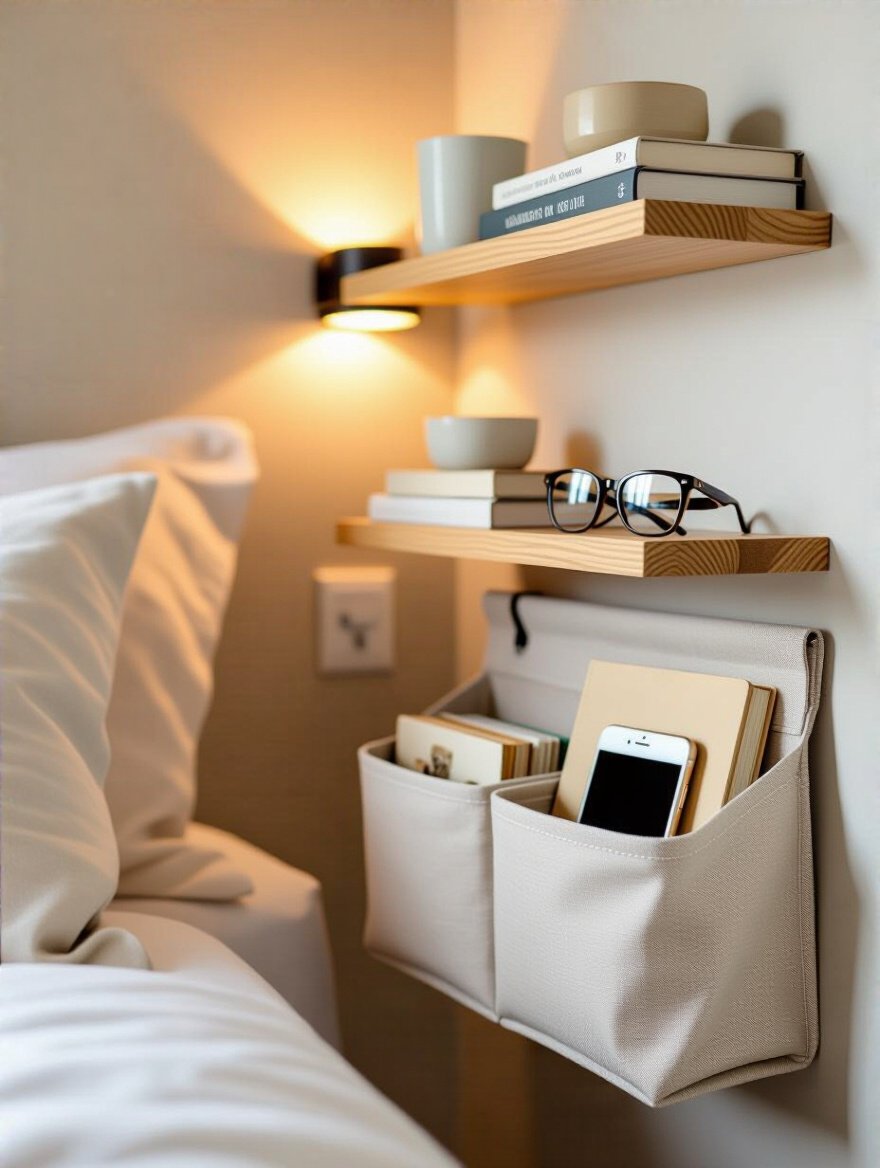 Organized bedside nook with wall-mounted shelf and fabric caddy for essentials.