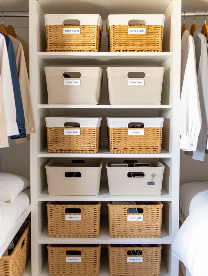 Organized bedroom closet with labeled baskets and bins for clutter containment