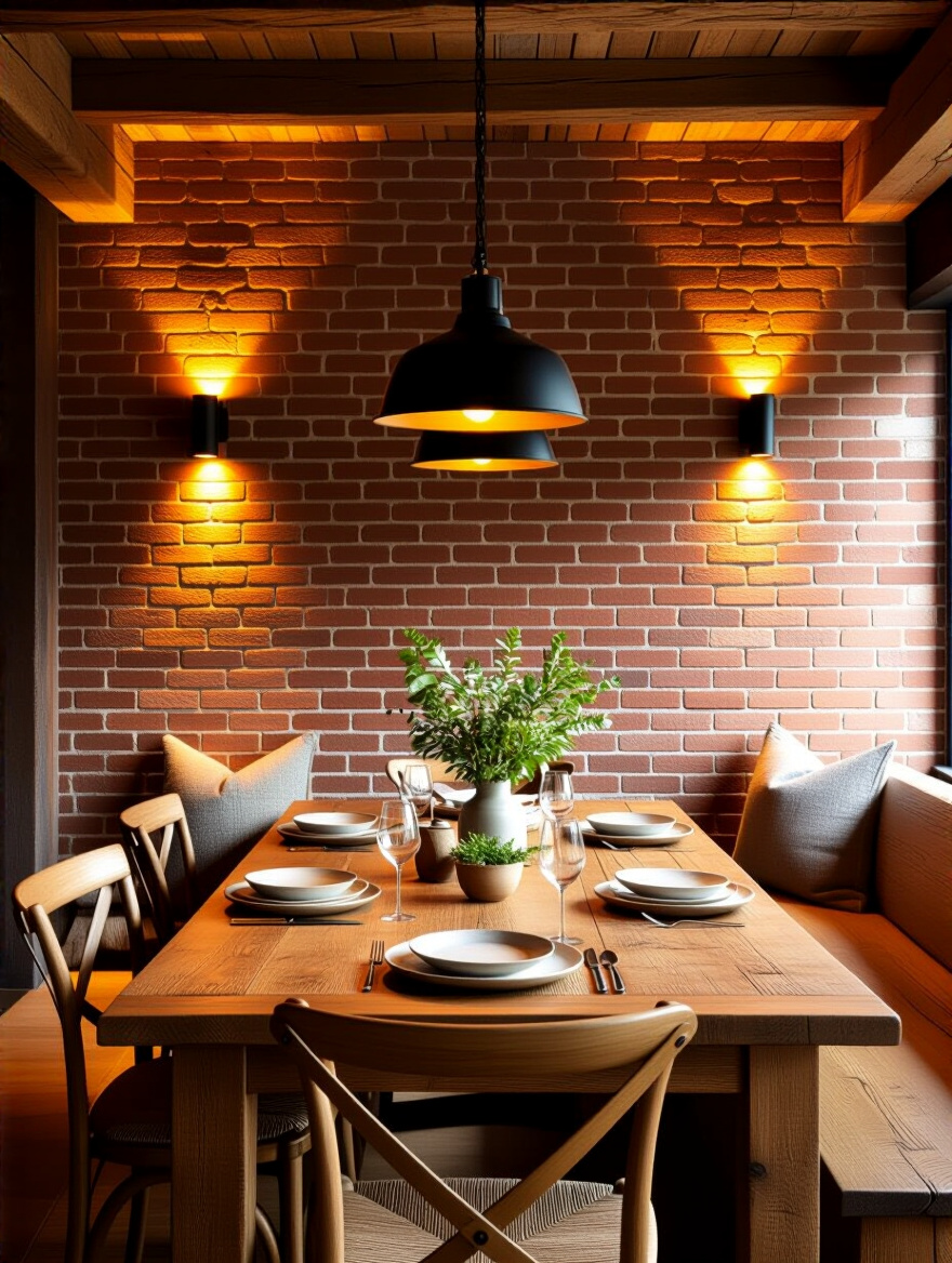 Rustic dining room with exposed brick accents and wooden dining table.