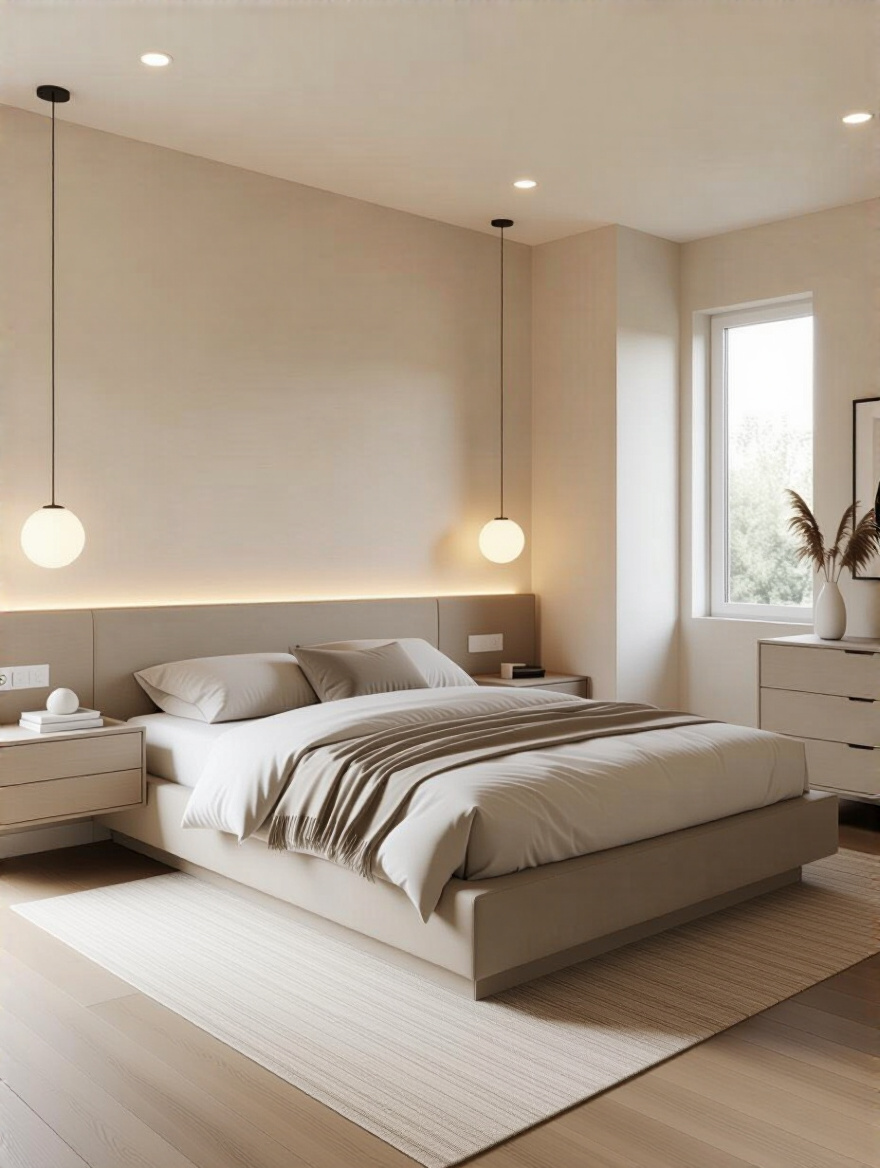 Modern bedroom with optimal furniture arrangement ensuring clear pathways and visual harmony