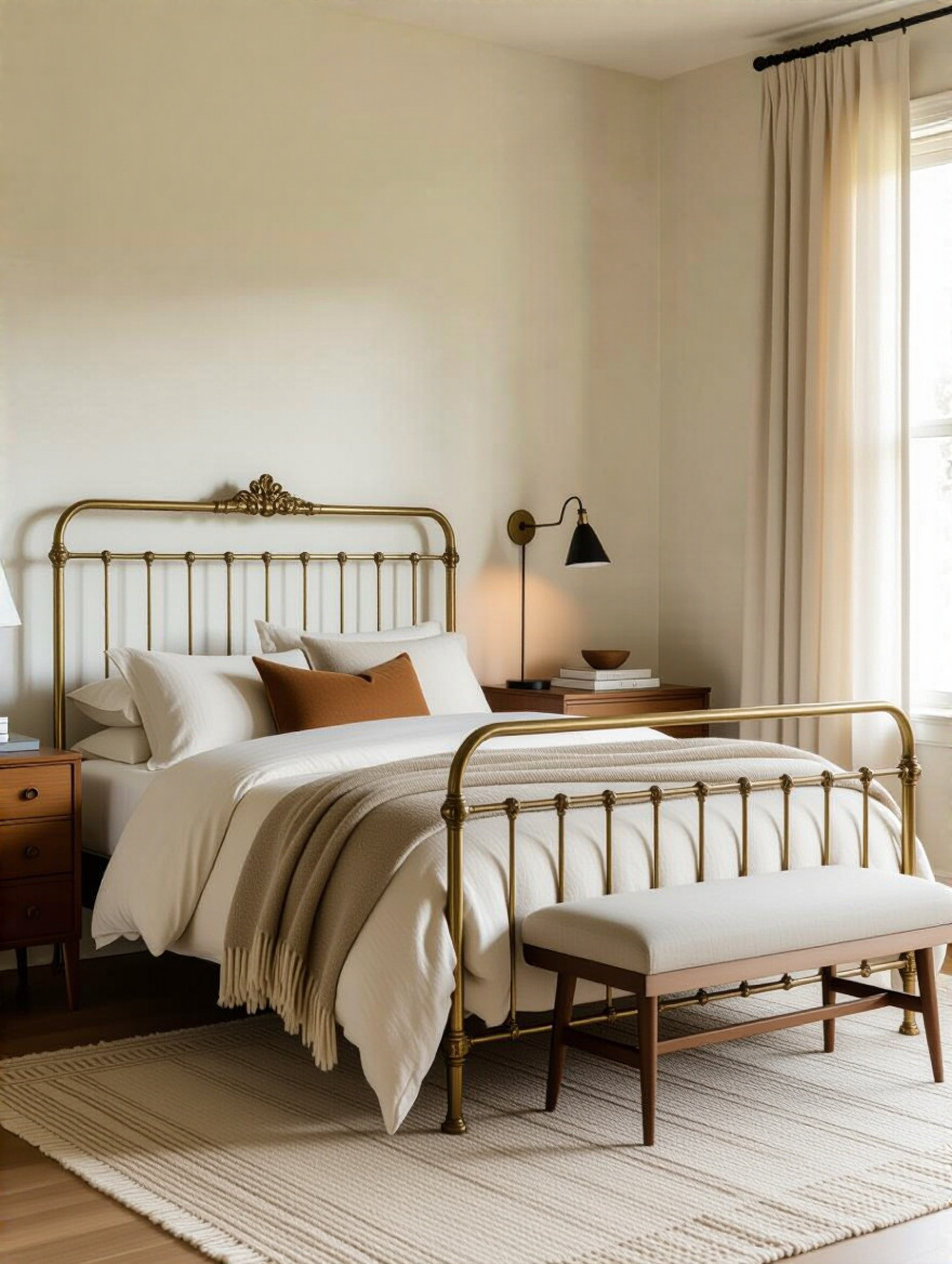Bedroom blending vintage charm with modern comfort, antique brass bed and modern nightstand, warm daylight, layered textiles