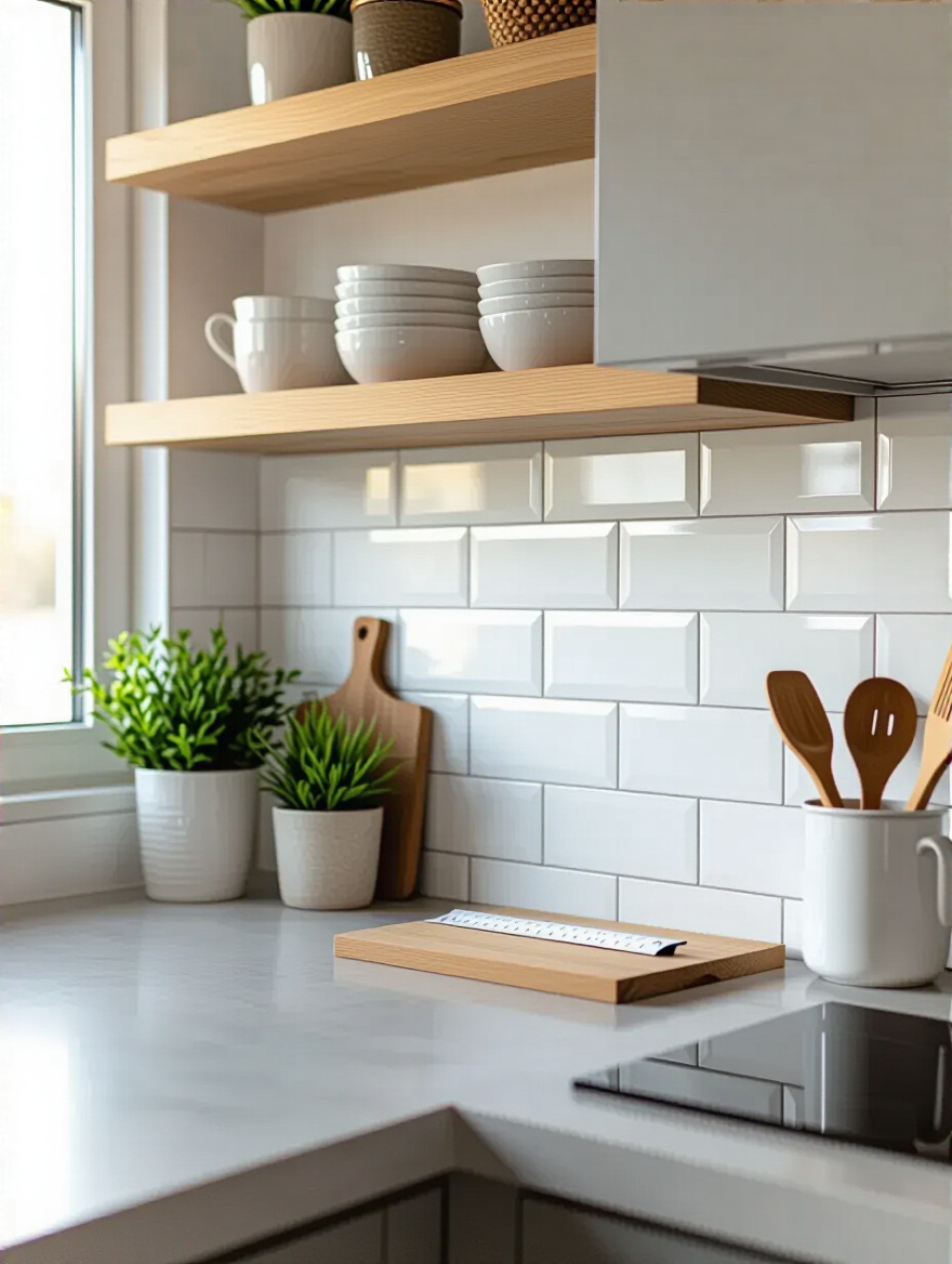 A close-up view of a kitchen backsplash showing subtle installation blunders, such as slightly uneven grout lines and lippage, in a modern kitchen setting.