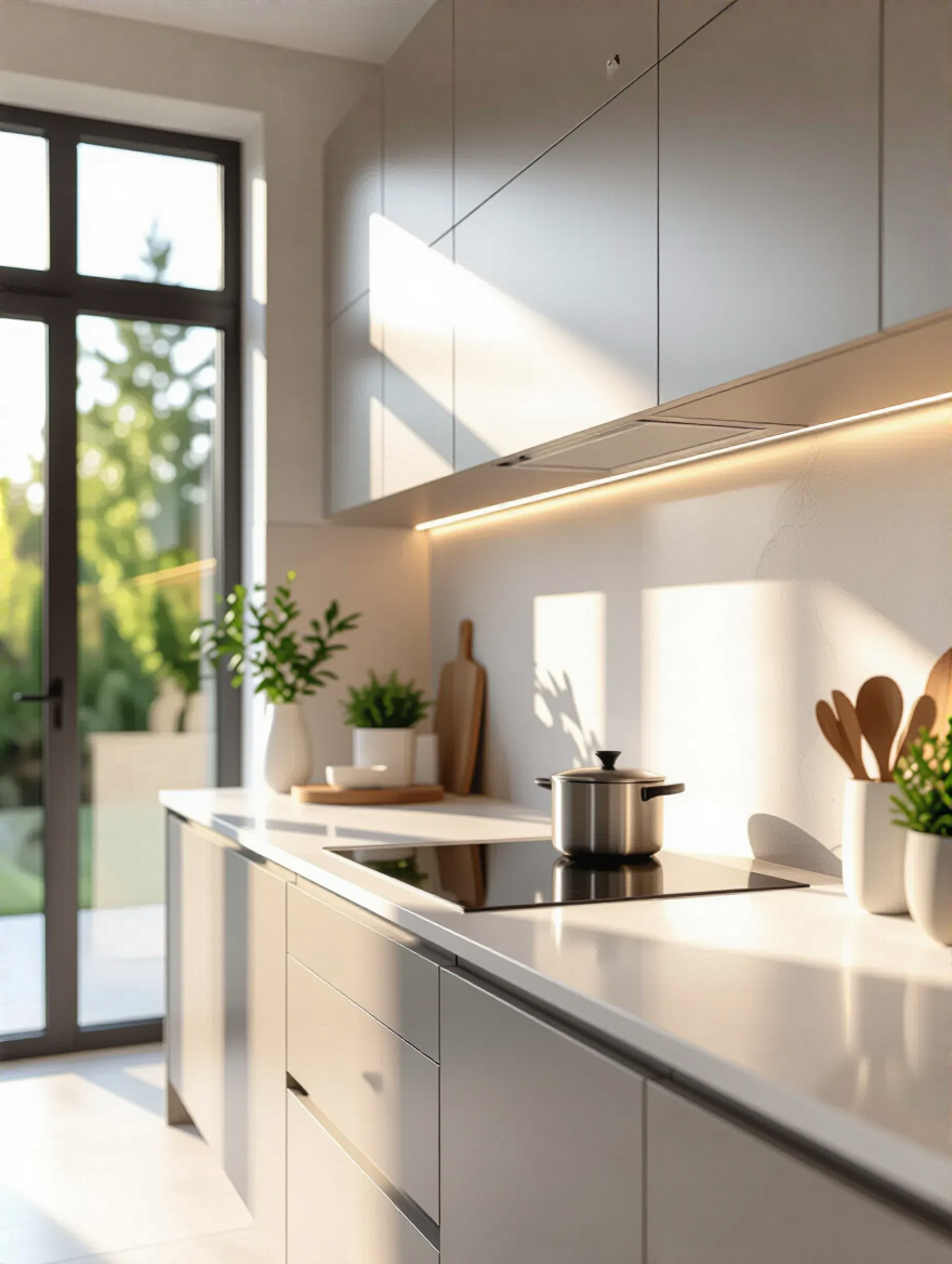 A modern kitchen with a neutral-toned porcelain backsplash, gray cabinets, and light quartz countertops, designed for enduring appeal and future kitchen upgrades.