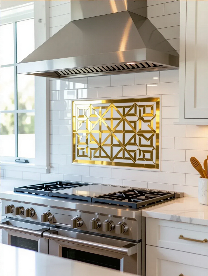 Kitchen with an elegant white and brass geometric mosaic tile backsplash inlay behind a stainless steel range, creating a luxurious focal point.