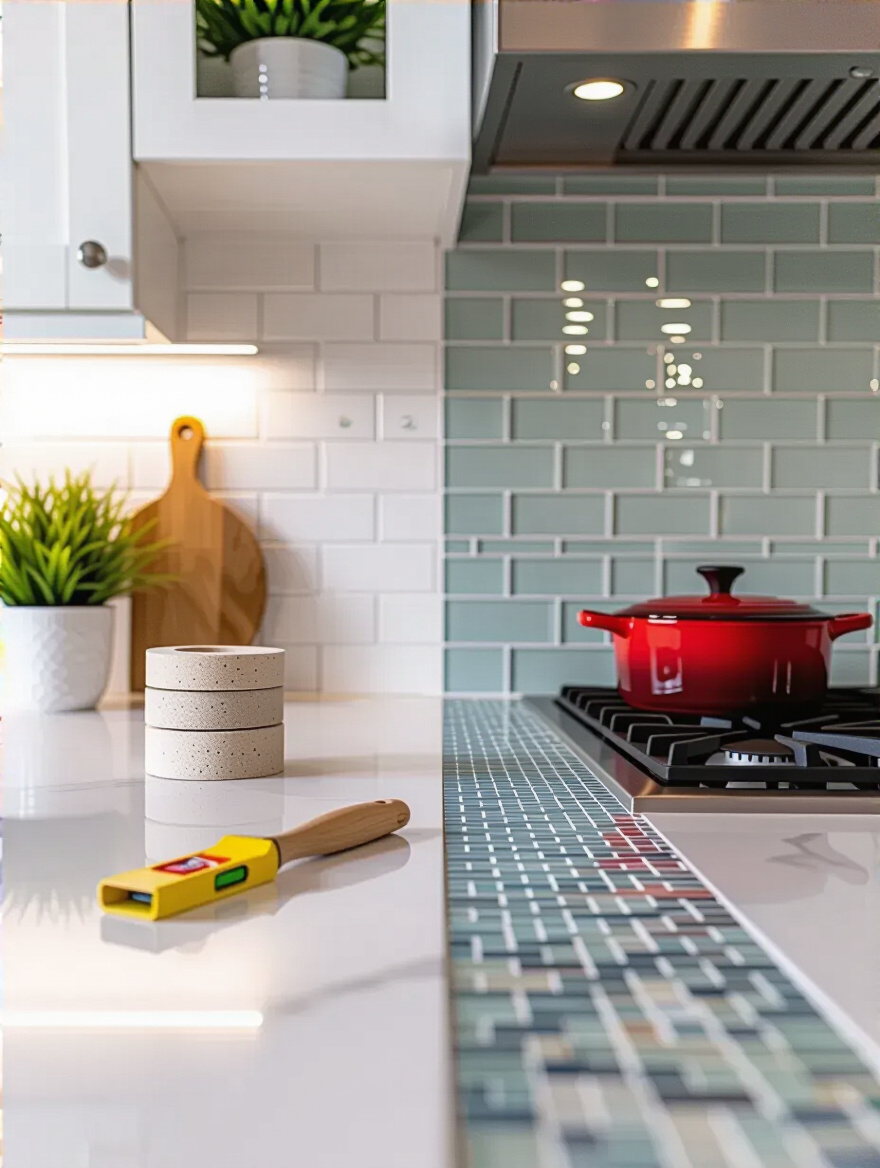 Conceptual image comparing DIY kitchen backsplash installation with professional installation, showing tools for DIY and intricate finished work for professional