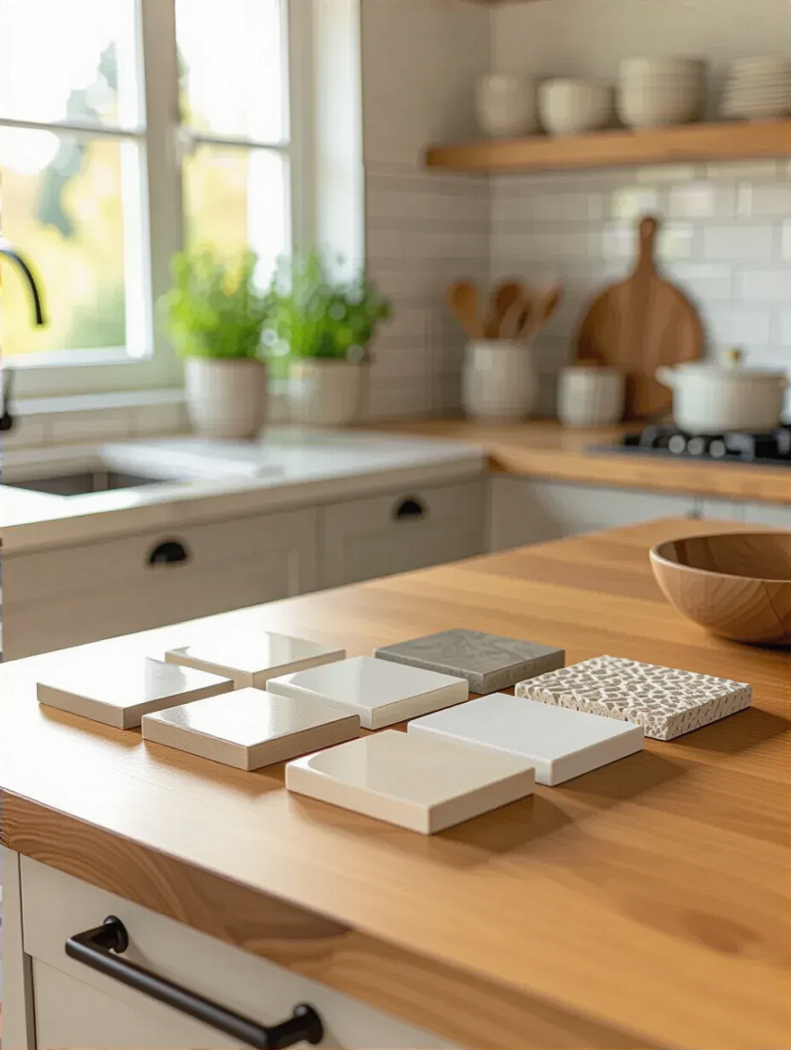 Organized kitchen countertop with various backsplash material samples, illustrating careful budget planning and material selection for a renovation.