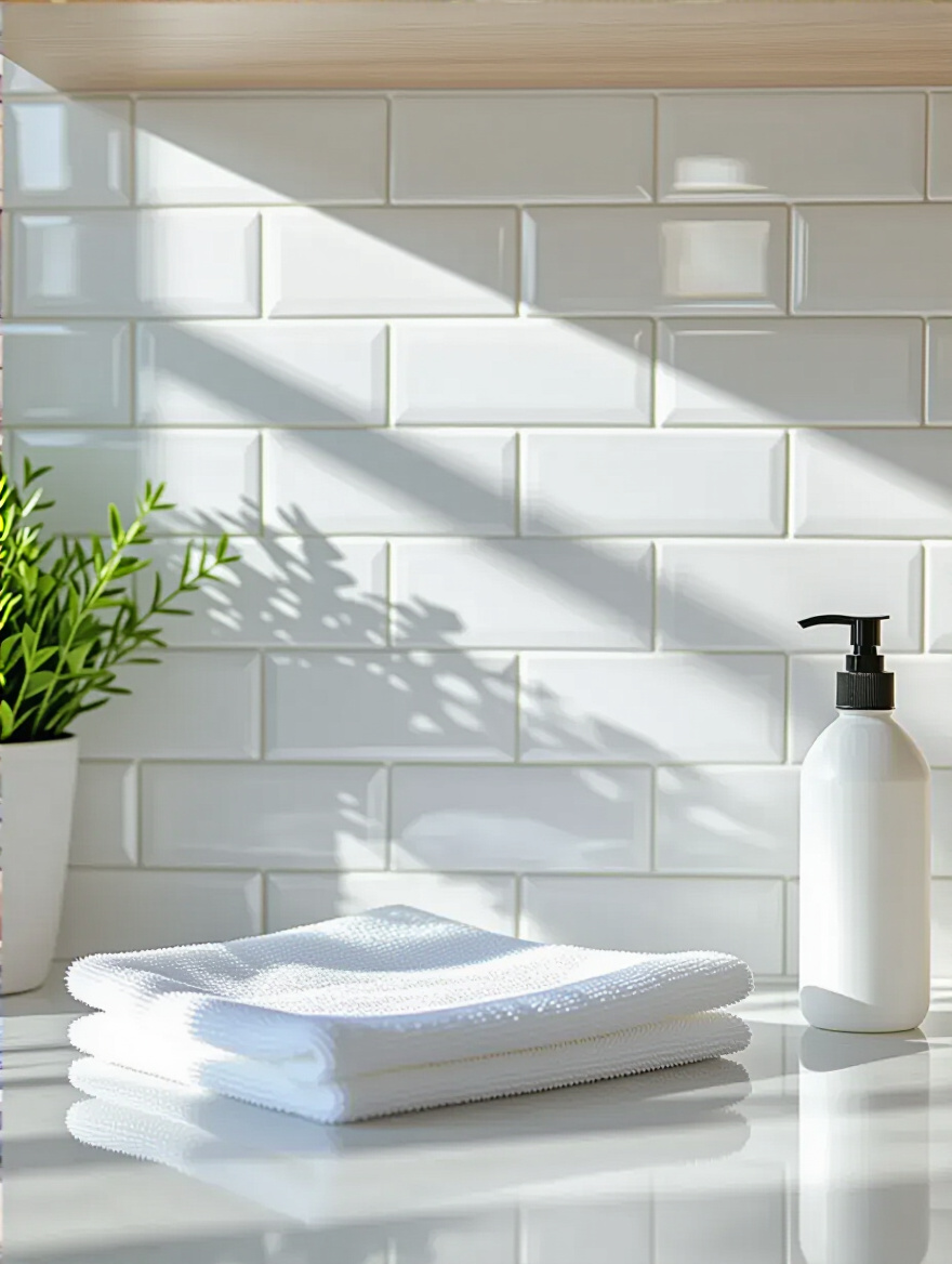 A spotless, shining white subway tile kitchen backsplash, reflecting light, with a clean microfiber cloth on the countertop, representing an efficient cleaning routine.
