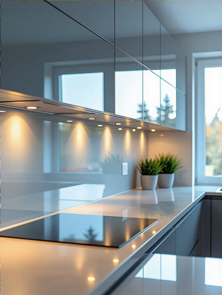 Modern kitchen with a light gray glass backsplash reflecting light, creating an illusion of space.