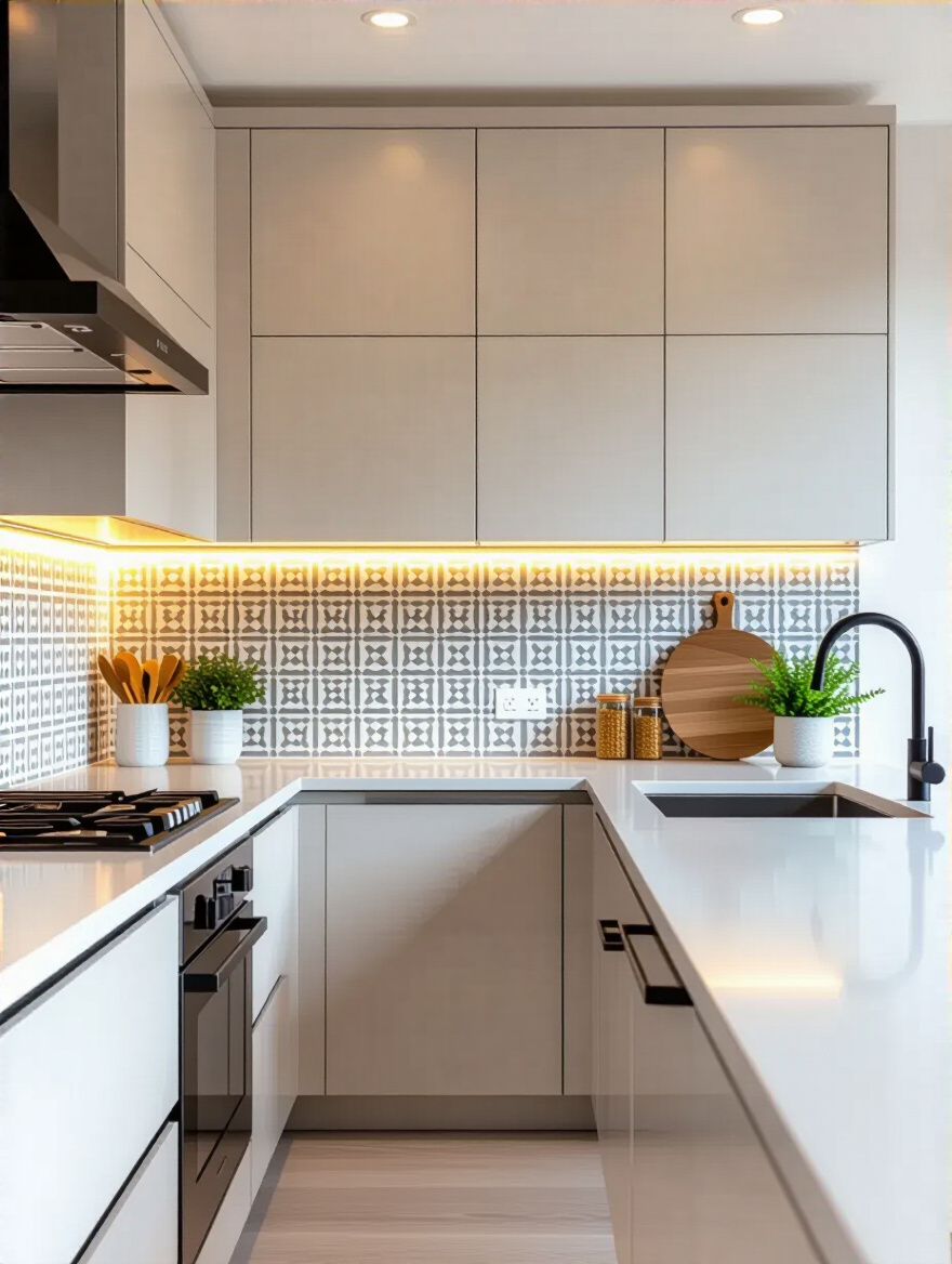 Image showing a modern kitchen with a beautifully designed backsplash, illustrating optimal height and coverage from counter to upper cabinets.
