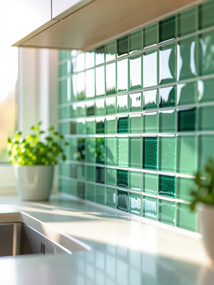 Modern kitchen featuring a sustainable backsplash made of recycled glass mosaic tiles in earthy green and blue tones, under natural light.