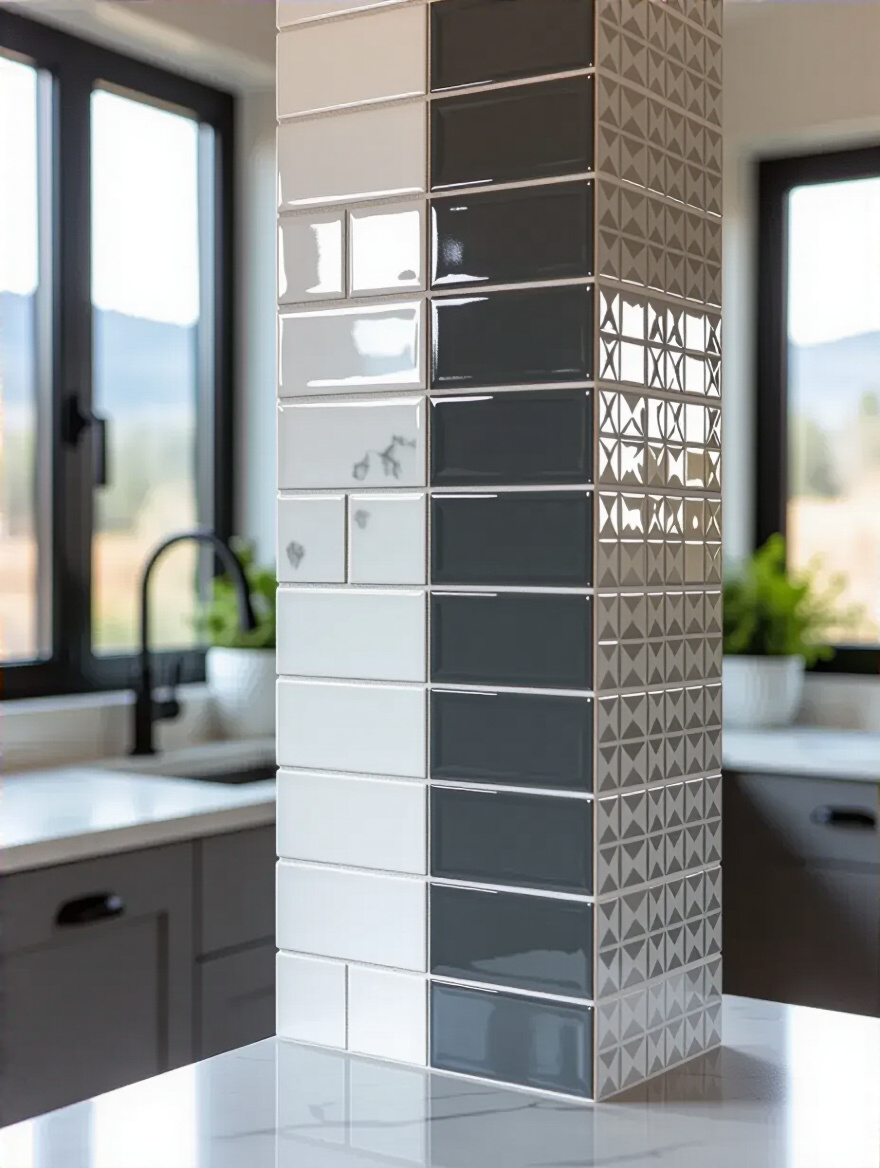 A kitchen backsplash featuring samples of versatile ceramic, porcelain, and classic subway tiles in a portrait layout.