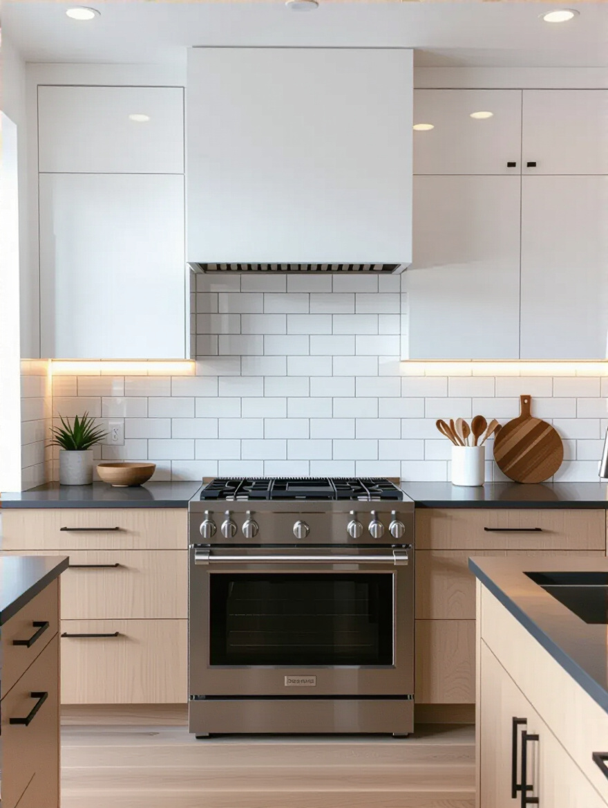 Modern kitchen featuring white subway tiles extending from countertop to ceiling, creating a dramatic and expansive backsplash statement. Light wood cabinetry and quartz countertops. No people.