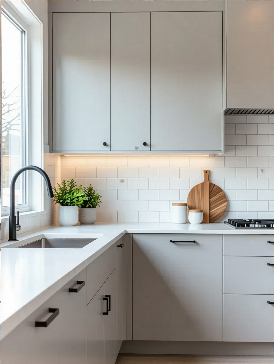 Modern kitchen with cohesive light grey cabinets, white quartz countertop, and soft grey subway tile backsplash, demonstrating harmonized kitchen backsplash colors.